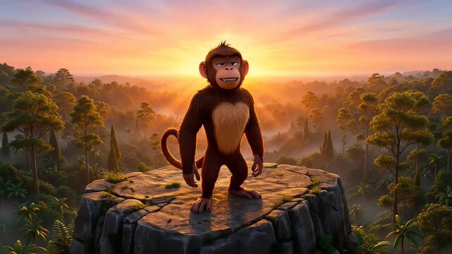 Cartoon monkey standing confidently on a rocky outcrop at sunset with a vibrant sky and lush jungle in the background, creating a playful