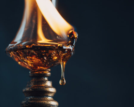 Oil lamp flame with melting wax drop captured in close up, symbolizing raksha bandhan ritual and sacred action of lighting during celebration