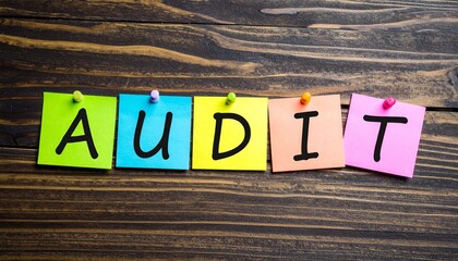 Naklejka premium Colorful sticky notes letters spelling audit financial review