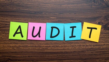 Naklejka premium Colorful sticky notes letters spelling audit financial review
