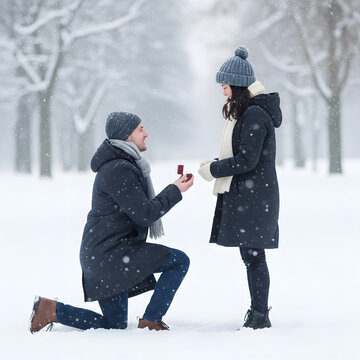 Winter proposal a man kneels to propose to his partner in the snow