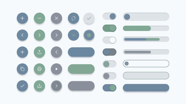 UI elements including buttons toggles and sliders in green blue and grey tones.