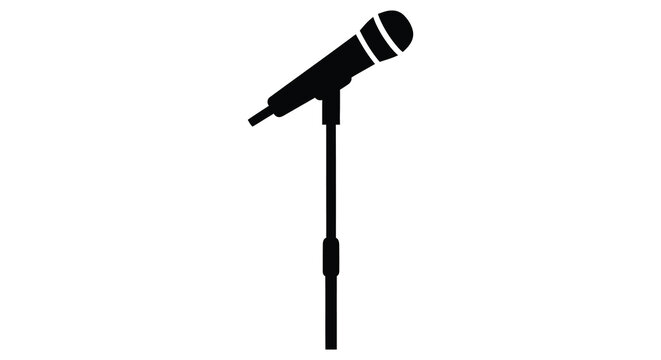 A stark black microphone stands on a slender stand against a white background creating a dramatic silhouette