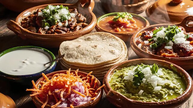 Authentic Mexican feast with guacamole, beans, carnitas & street tacos, Cinco de Mayo celebration spread, warm rustic table setting for restaurant or lifestyle content