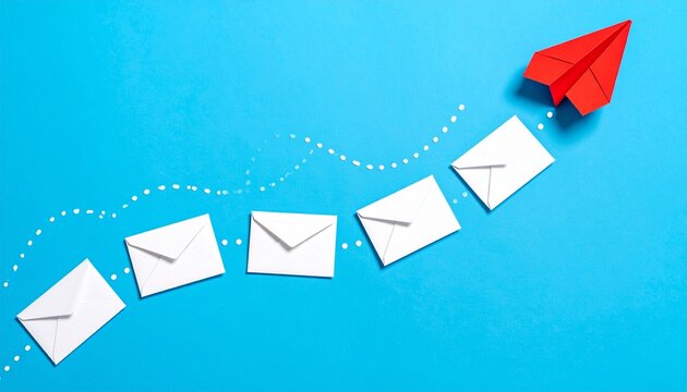 Five envelopes with red paper airplane symbolizing fast communication