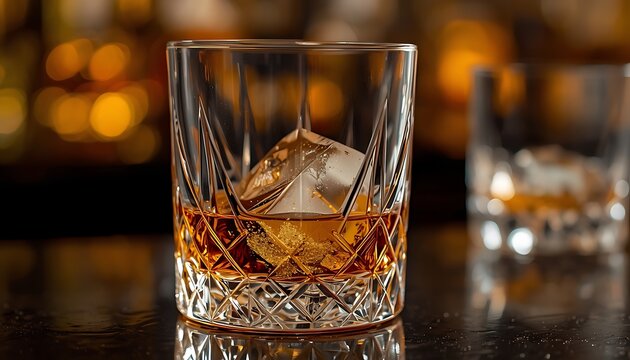 Exquisite whiskey in a geometric crystal glass with gold dust and sphere ice