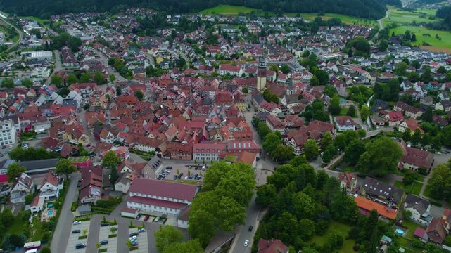 Aerial view around the city Haslach im Kinzigtal in Germany. On cloudy day in spring beside the Black forest