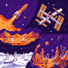 Naklejka premium A collection of flat vector illustrations depicting scenes of space travel, discovery, and futuristic cosmic landscapes.