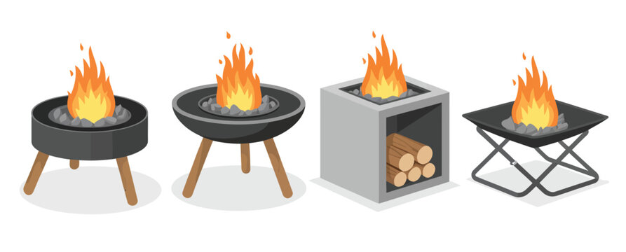 Outdoor fire pits vector set, collection of four different designs with flames and decorative stones, perfect for backyard, patio, and outdoor lifestyle illustrations.