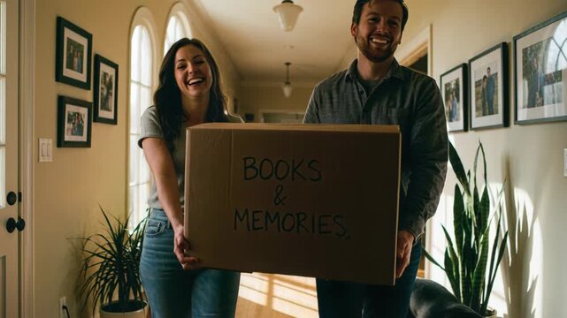 Happy woman and man moving in new home together. Couple carrying books and memories box. Moving day, relocation concept.