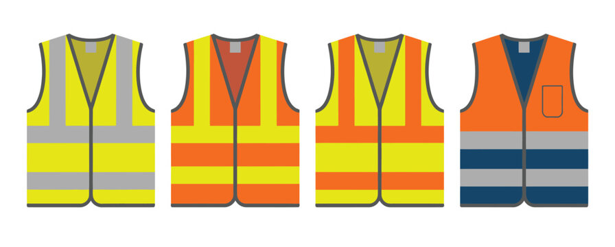 Safety vest illustration collection, bright yellow and orange vests featuring reflective stripes, ideal for occupational safety, roadwork, and emergency response graphics.