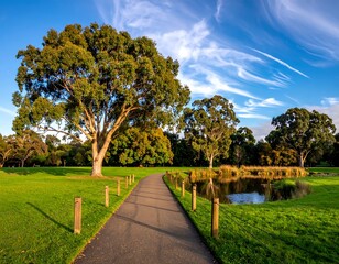 Fototapeta premium Serene park scene with winding path, verdant lawn, mature trees, and a small pond beneath sky