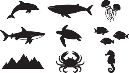 Set of marine animals and sea creatures illustrated in silhouette © GraphicGrove