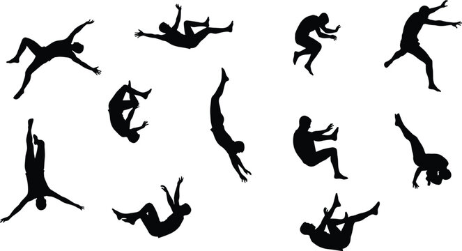  Black silhouette set of people falling and jumping in mid-air, dynamic action poses of human figures in free fall motion.