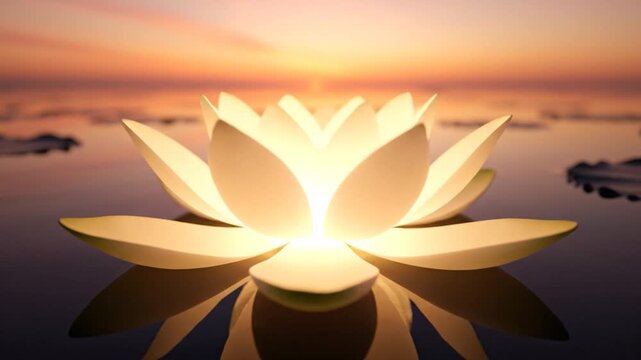 Lotus Flower Glowing at Sunset Reflecting in Water
