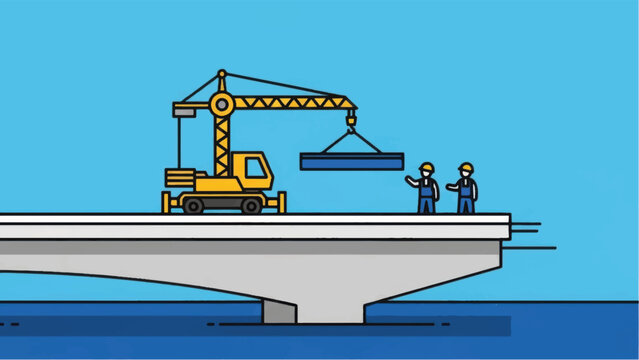 Infrastructure Bridge Construction Illustration. Crane Lifting Steel Beam with Workers on Concrete Pier Over Water.