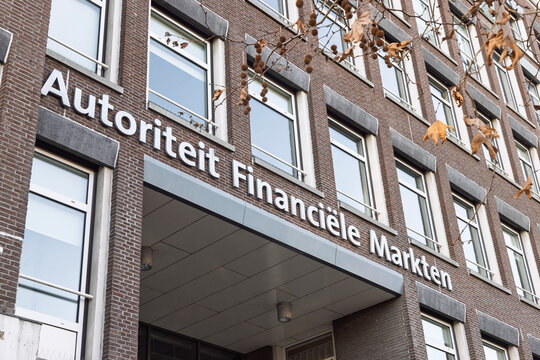 Detail of the Autoriteit Financiele Markten letters on the office facade, Amsterdam, Netherlands, 28 December 2025.