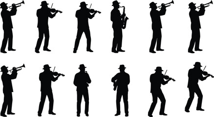 Jazz band silhouettes, musicians playing trumpet violin saxophone, black silhouettes performers, music concert concept, isolated figures, artistic illustration, ensemble performance © Mofazzal