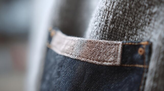 Close-up of the back pocket of a pair of jeans. the pocket is made of dark blue denim and has a brown and white striped label on it.