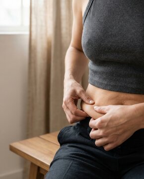 Woman pinching lower belly fat at home in close up body composition concept
