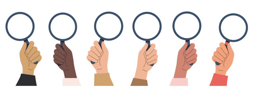 Search and analysis concept icon, hands holding a magnifying glass, cartoon flat PNG illustration representing observation, examination, research, and discovery for websites and apps.