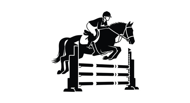 A dynamic black silhouette captures a skilled equestrian and horse clearing a jump during a competition silhouette