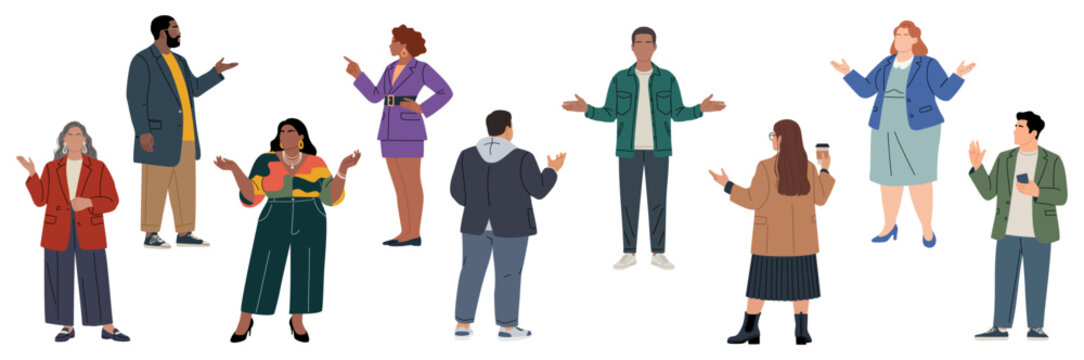 Set of diverse individuals gesture expressively, facing forward. Each person shows unique style, posture, and attitude. They appear cheerful, engaged, or inviting with open hands