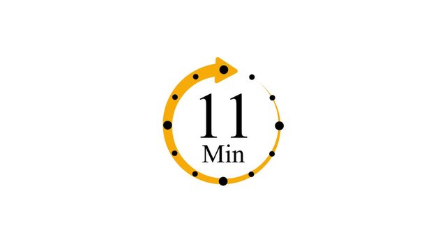11 Minute Countdown Timer Animated yellow Arrow and black dots,white background with video animation.