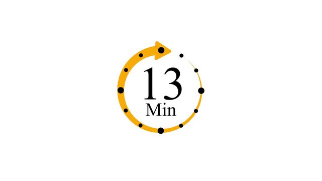13 Minute Countdown Timer Animated yellow Arrow and black dots,white background with video animation.