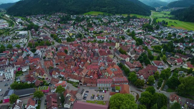 Aerial view around the city Haslach im Kinzigtal in Germany. On cloudy day in spring beside the Black forest