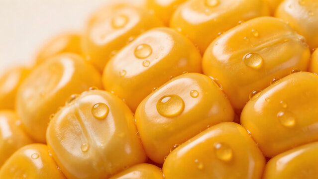 Closeup of corn kernels with water droplets