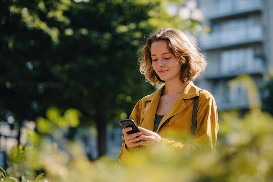 Young woman in mustard jacket using smartphone in natural urban setting