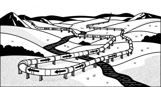 Elevated industrial pipeline crossing rolling hills landscape.