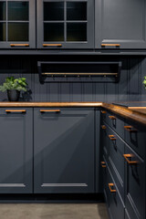 Modern blue kitchen cabinets with wooden countertop. Elegant home interior with copper handles.