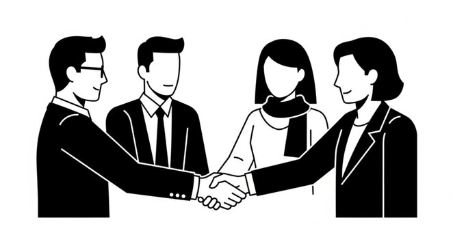 Four business professionals shaking hands in agreement.
