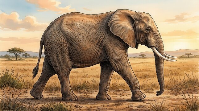 Realistic Photo of an Elephant Walking Through African Savannah at Sunset