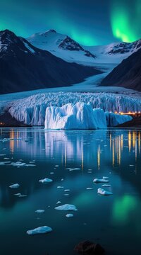 A pixelated image of a mountain range with a lake and a waterfall
