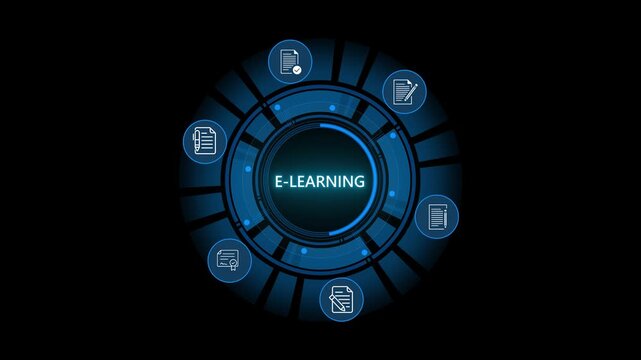 Professional holds a tablet with holographic e-learning icons .magnifier circle interface. Digital search, audit, and file verification for corporate data management and compliance. on transparent.