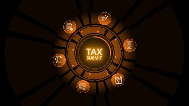 Professional holds a tablet with holographic tax-submit icons .magnifier circle interface. Digital search, audit, and file verification for corporate data management and compliance. on transparent.