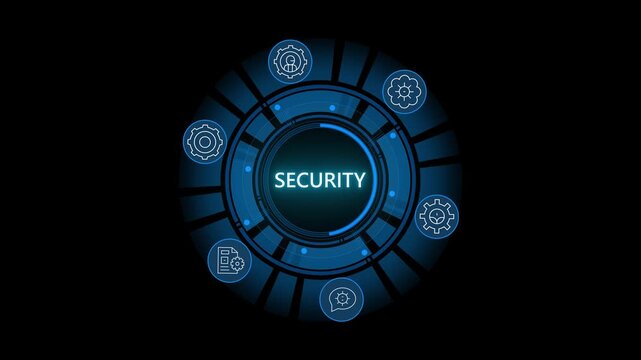Abstract digital finance concept with security icons and concentric circles. safety concept motion animated on transparent.