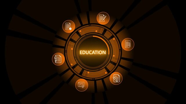 Professional holds a tablet with holographic education- icons .magnifier circle interface. Digital search, audit, and file verification for corporate data management and compliance. on transparent.