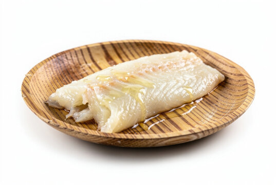 Lutefisk on Bamboo Plate 40 Degree Angle Isolated on White Background Studio Shot