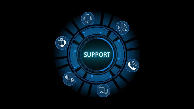 Business professional interacts with holographic 24 7 support interface. Digital icons for phone, email, messaging, technical settings and processor automation. Round the clock helpdesk