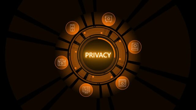 Abstract digital finance concept with privacy icons and concentric circles. safety concept motion animated on transparent.