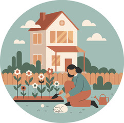 Naklejka premium person gardening in front of a house with flowers