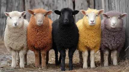 Fototapeta premium Proud colorful sheep in rustic backdrop
