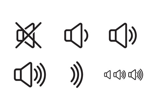 Collection of minimalist line art icons representing different sound volume levels, from mute to loud, presented in a clean, modern, and easily understandable visual format for digital interfaces