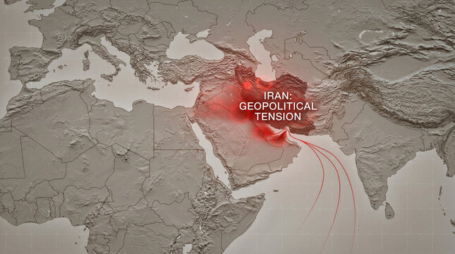 Map of the middle east showing geopolitical tension with red highlights and text with united states with saudi arabia with indian ocean with persian gulf with arabian peninsula with mediterranean sea