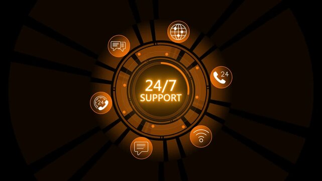 Business professional interacts with holographic 24 7 customer support interface. Digital icons for phone, email, messaging, technical settings and processor automation. Round the clock helpdesk