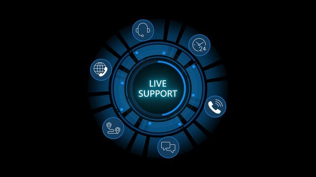 Business professional interacts with holographic 24 7 live support interface. Digital icons for phone, email, messaging, technical settings and processor automation. Round the clock helpdesk